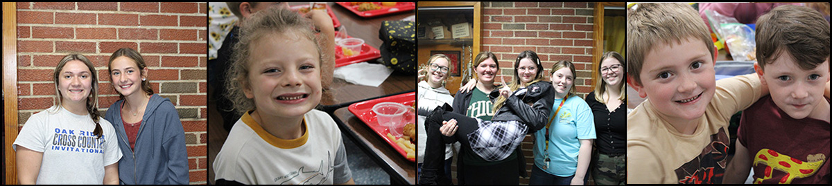 Student in green shirt looking at camera, Four students giving piggy-back rides, girl smiling at camera while eating,three adults in gym 